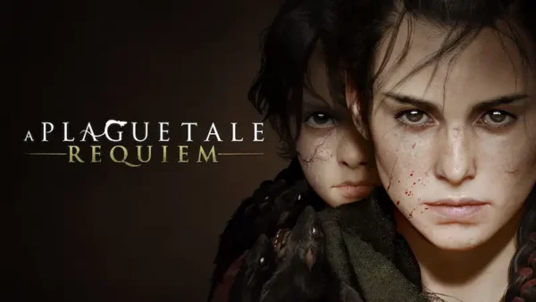 Cabecera de A Plague Tale: Requiem, con el título del juego junto a Amicia y Hugo