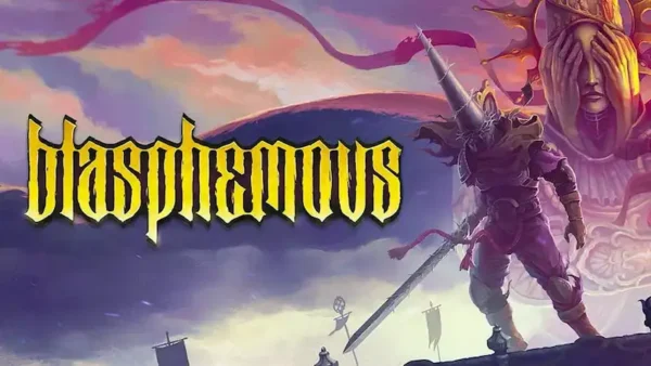 Cabecera de Blasphemous con el t´tiulo del juego junto al Penitente