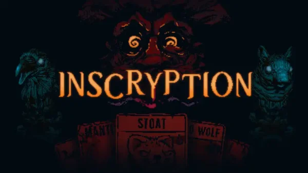 Cabecera del videojuego Inscryption, con su título sobre una mano de cartas del juego.