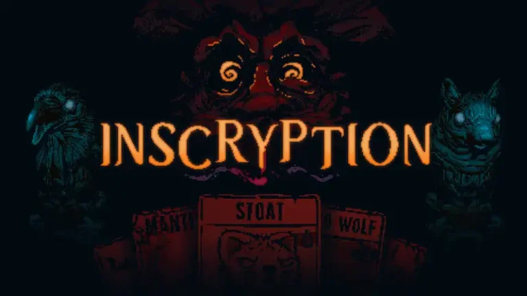 Cabecera del videojuego Inscryption, con su título sobre una mano de cartas del juego.
